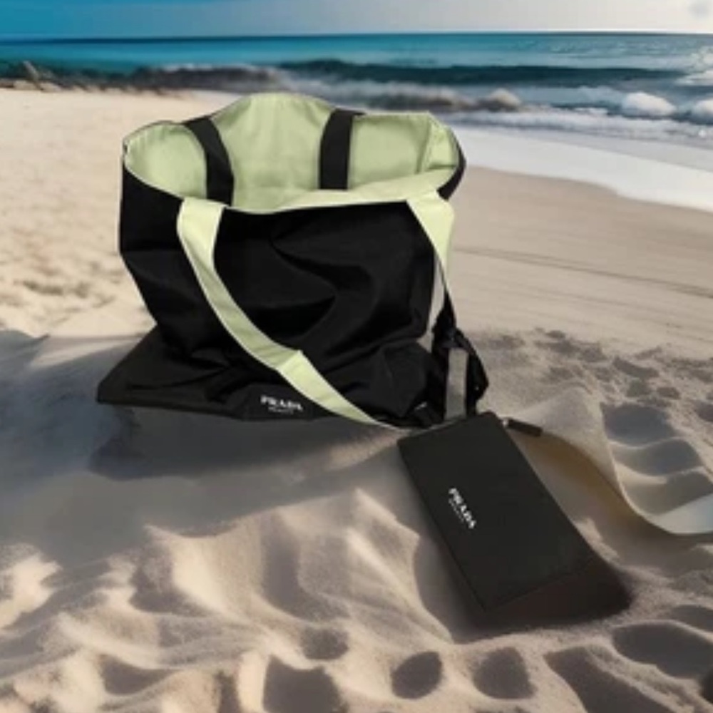 NEW Prada Beauty Reversible Large Tote Mint Green Black Nylon Tote Bag + Pouch - Picture 2 of 11